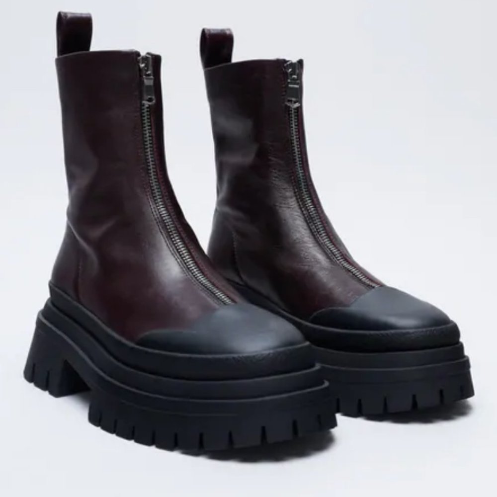 NWT Zara Burgundy Zip Front Leather Ankle Boots